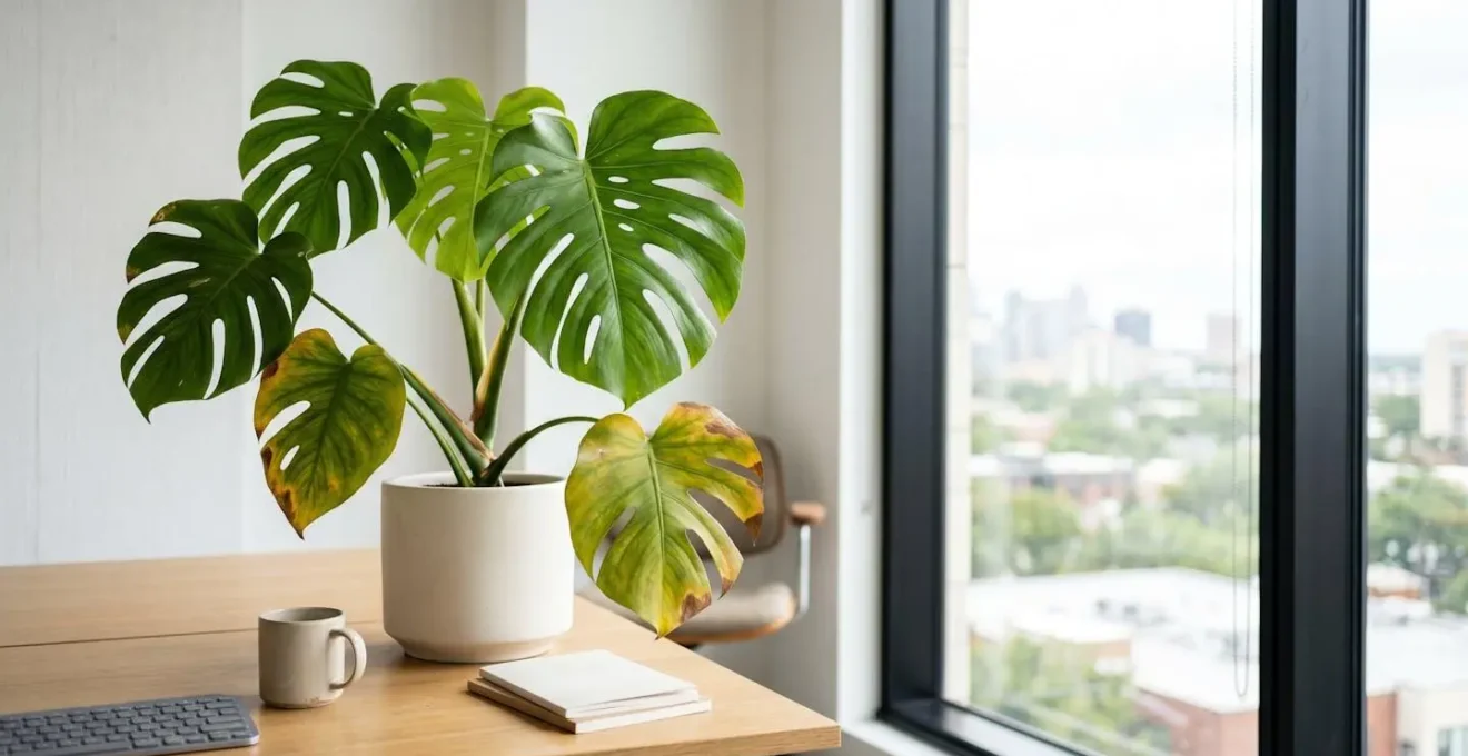 Professional office desk with a Monstera plant displaying yellow leaves near a window with natural light