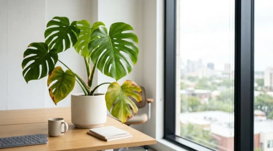 Professional office desk with a Monstera plant displaying yellow leaves near a window with natural light
