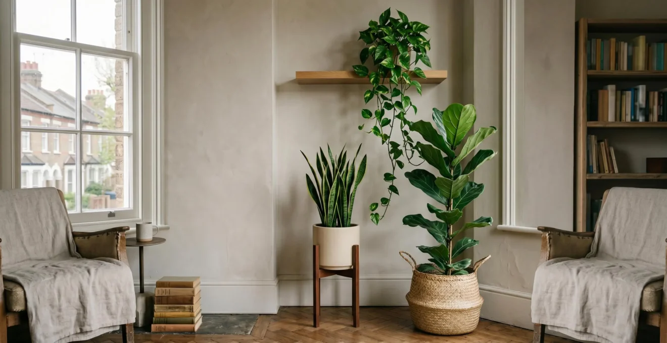 A cozy British living room with layered houseplants thriving in soft indirect north-facing light