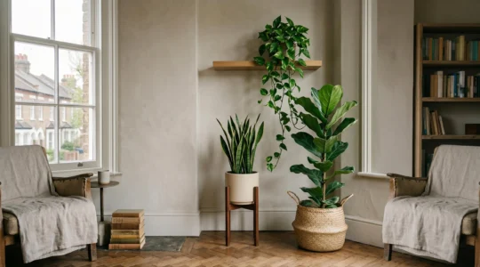 A cozy British living room with layered houseplants thriving in soft indirect north-facing light