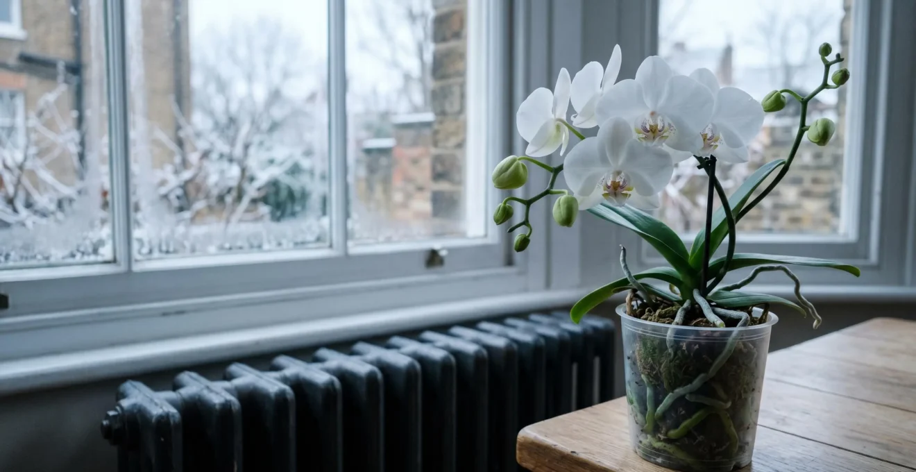Phalaenopsis orchid with developing buds near a traditional UK radiator, capturing the environmental stress of winter heating