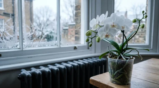 Phalaenopsis orchid with developing buds near a traditional UK radiator, capturing the environmental stress of winter heating