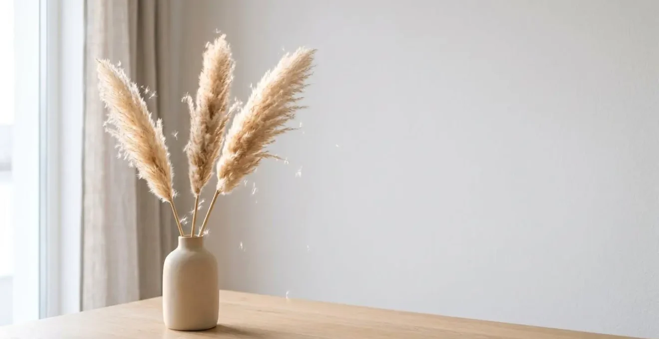 Fluffy pampas grass plumes shedding delicate fibers in soft natural light
