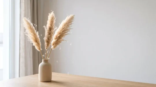 Fluffy pampas grass plumes shedding delicate fibers in soft natural light