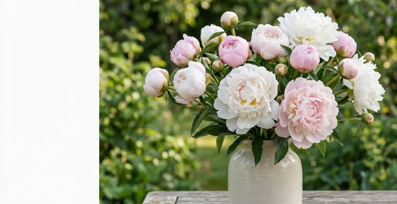 Lush pink peonies in various bloom stages from tight buds to full blooms against natural garden background
