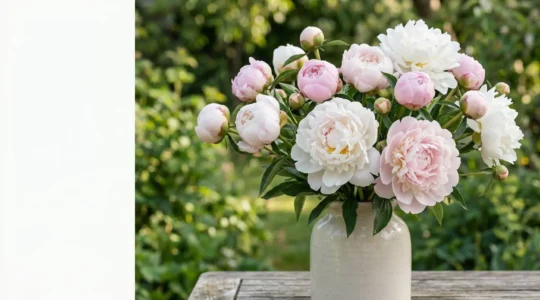 Lush pink peonies in various bloom stages from tight buds to full blooms against natural garden background