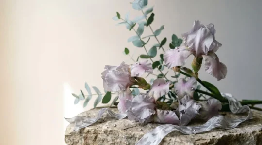 Elegant silver iris arrangement celebrating twenty-five years of marriage with dramatic lighting and negative space