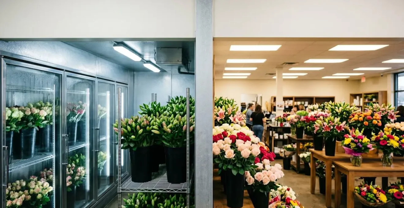 Side-by-side visual comparison showing the quality difference between premium florist flowers and mass-market supermarket flowers, highlighting cold chain handling impact