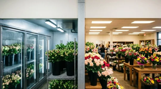 Side-by-side visual comparison showing the quality difference between premium florist flowers and mass-market supermarket flowers, highlighting cold chain handling impact