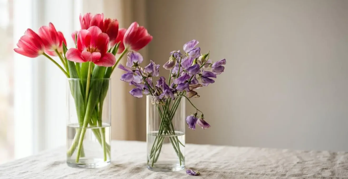 Fresh tulips and sweet peas in crystal vases showcasing contrasting longevity in cut flower arrangements