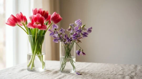 Fresh tulips and sweet peas in crystal vases showcasing contrasting longevity in cut flower arrangements