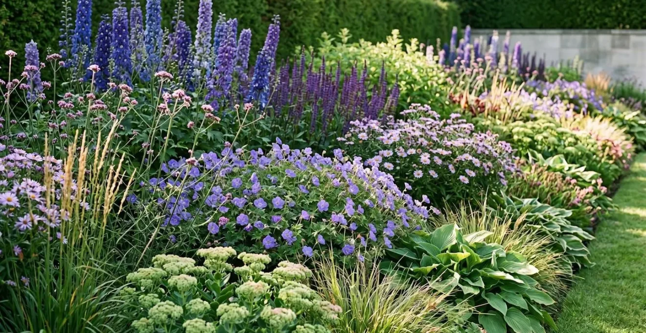 Lush perennial border with layered heights showing colorful flowers blooming from spring through autumn
