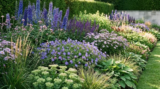 Lush perennial border with layered heights showing colorful flowers blooming from spring through autumn