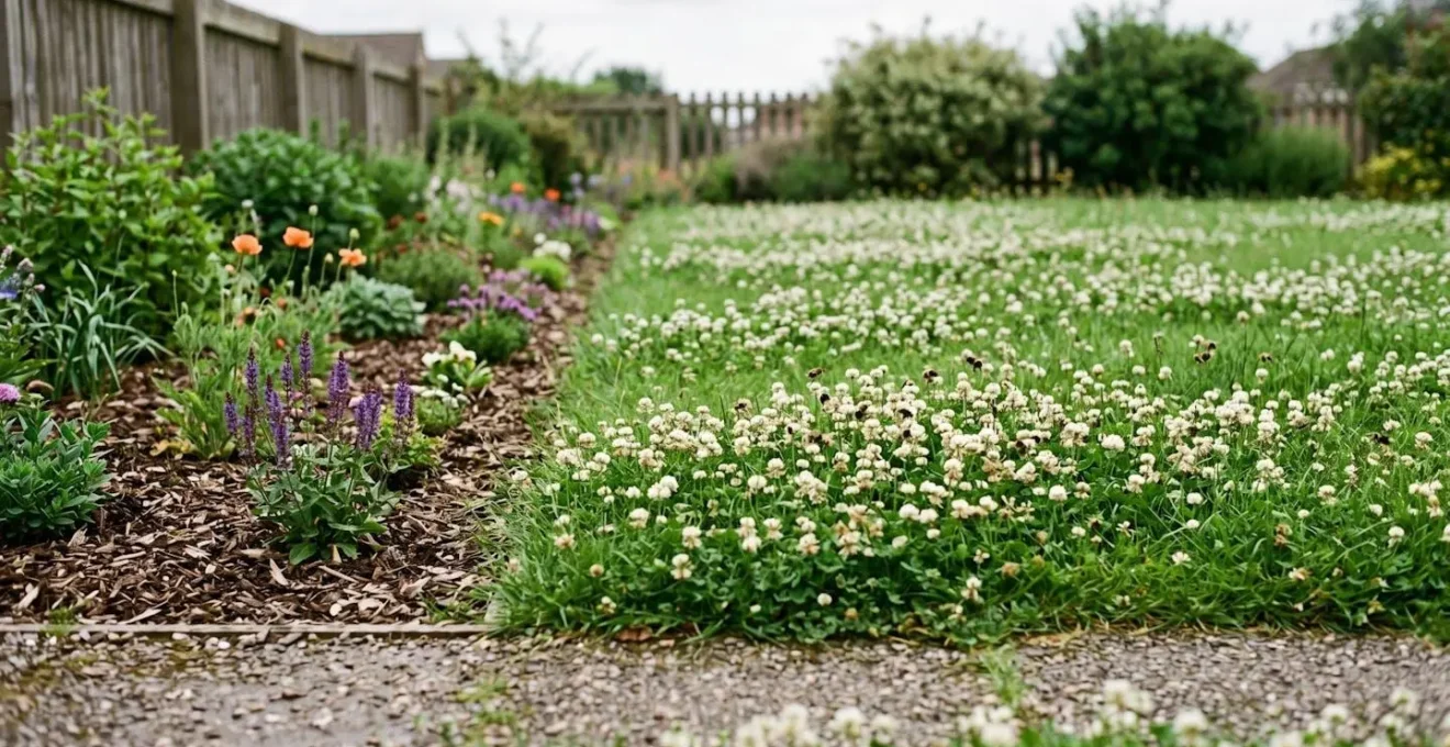 Wild garden border adjacent to traditional lawn showing contrasting bee activity levels