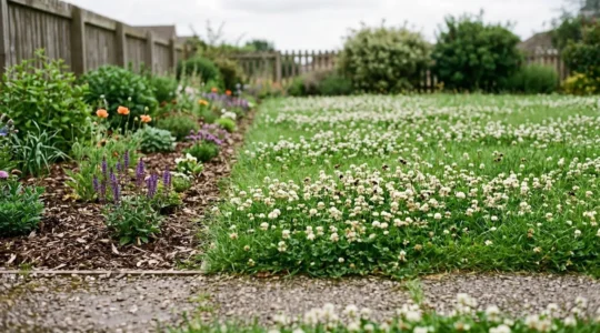 Wild garden border adjacent to traditional lawn showing contrasting bee activity levels