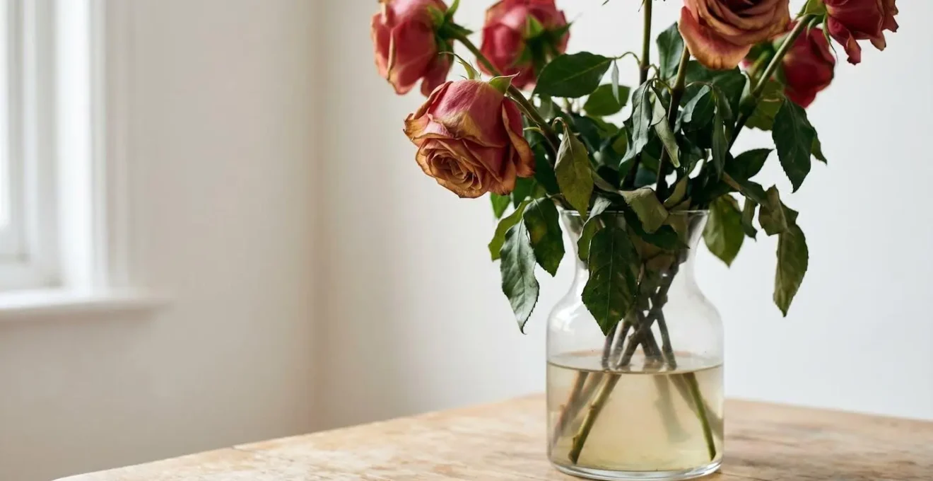 Premium roses drooping prematurely in a modern glass vase against a minimalist background illustrating common flower care mistakes