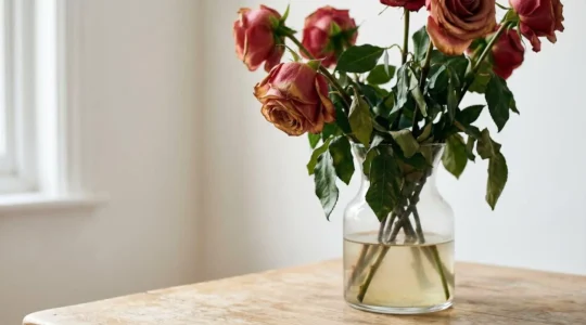 Premium roses drooping prematurely in a modern glass vase against a minimalist background illustrating common flower care mistakes