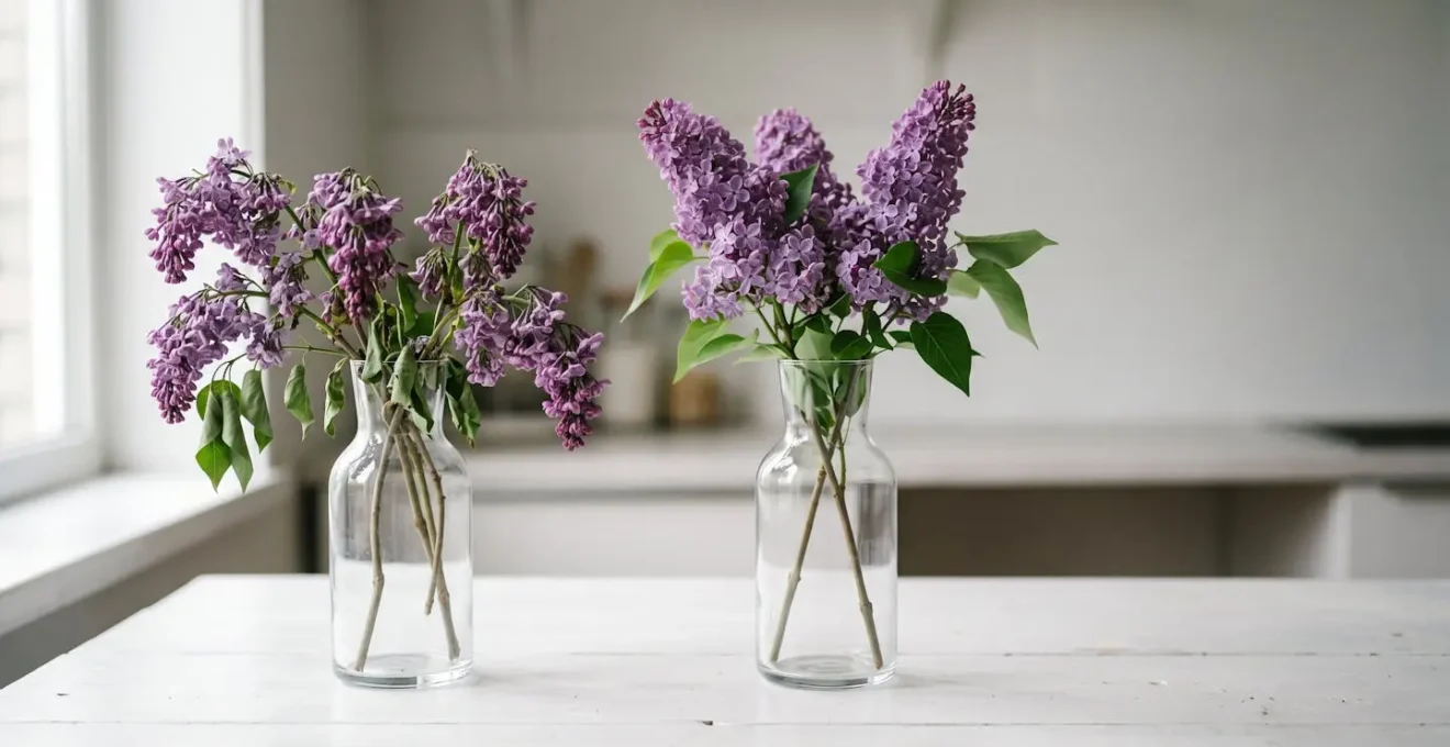 Two contrasting lilac arrangements showing garden-cut stems wilting quickly versus shop-bought stems staying fresh longer in vases